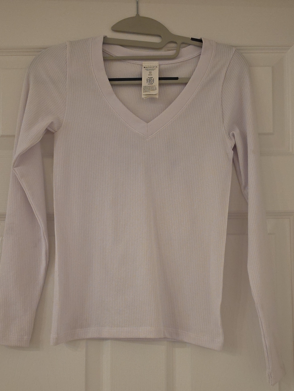 Athleta White Ribbed V-Neck Long Sleeve Top